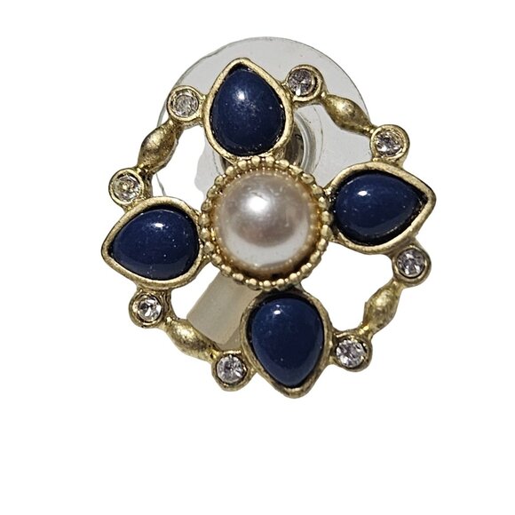 Elegant Retro Faux Pearl Blue Stone Rhinestone Gold Tone Earrings Jewelry - Picture 2 of 5